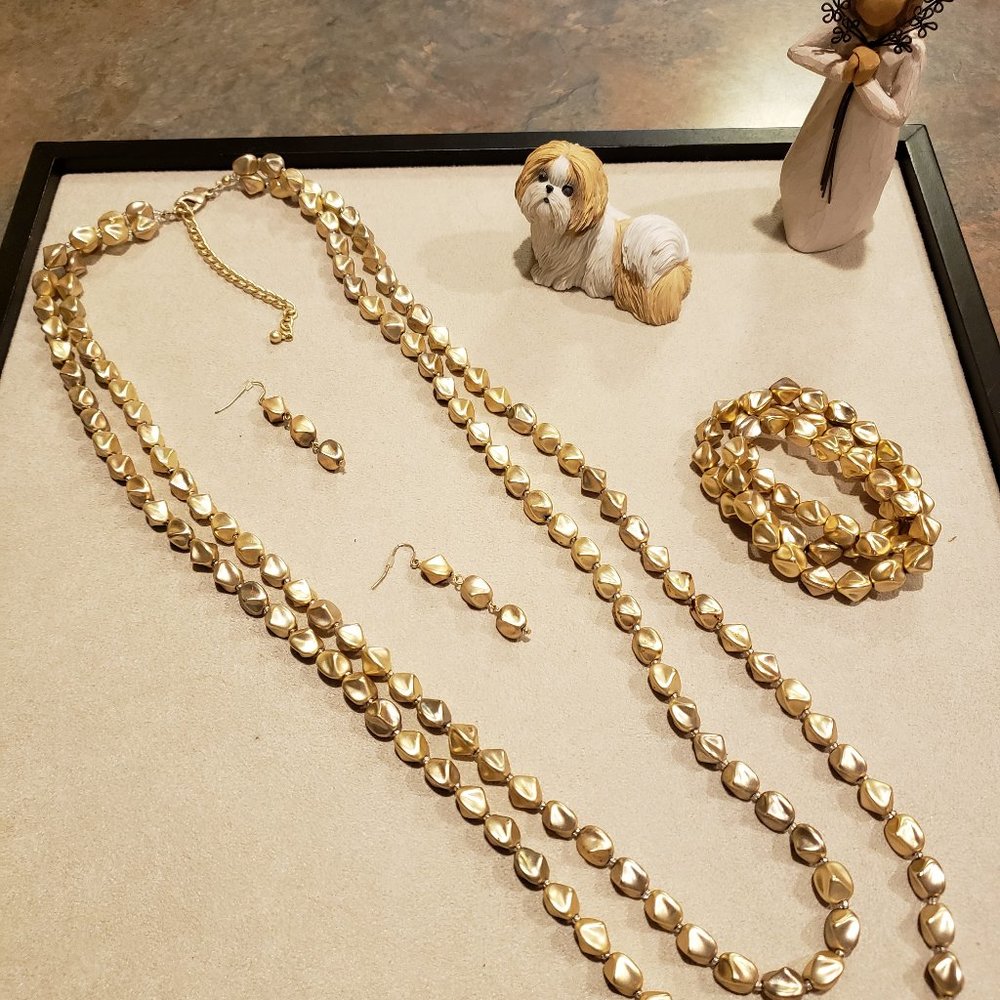 Chico's gold 2 strand neck, bracelets and earring
